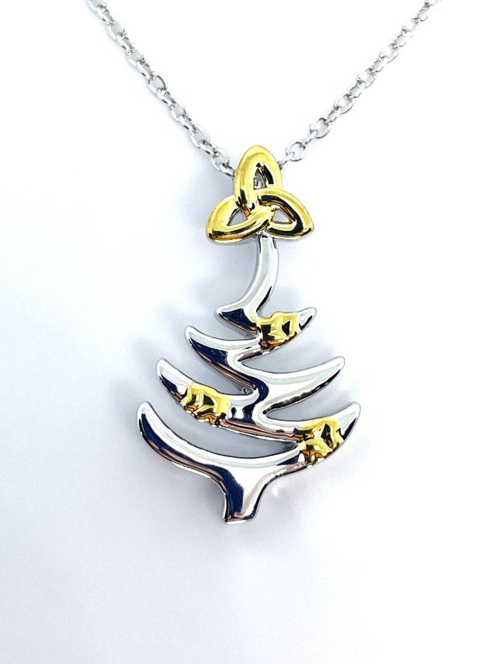 Celtic Christmas Tree Trinity Knot Star Pendant Necklace, Two-Tone, 18" - Picture 3 of 4